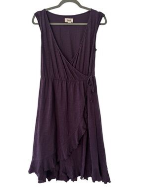 Pact Easy Slub Wrap Organic Cotton Knee Length Dress in Currant Purple Medium